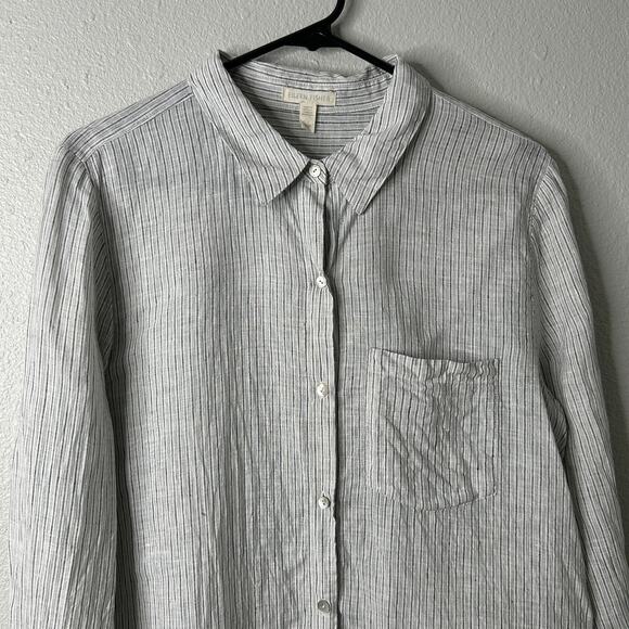 Eileen Fisher Striped Linen Crinkle Shirt Pearl Medium Classic Collar - Picture 3 of 9